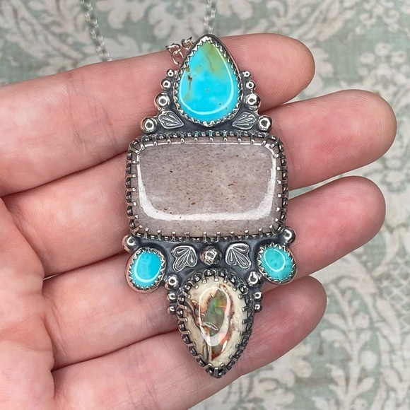Artisan handmade Turquoise, opal and peach moonstone necklace - Picture 1 of 4